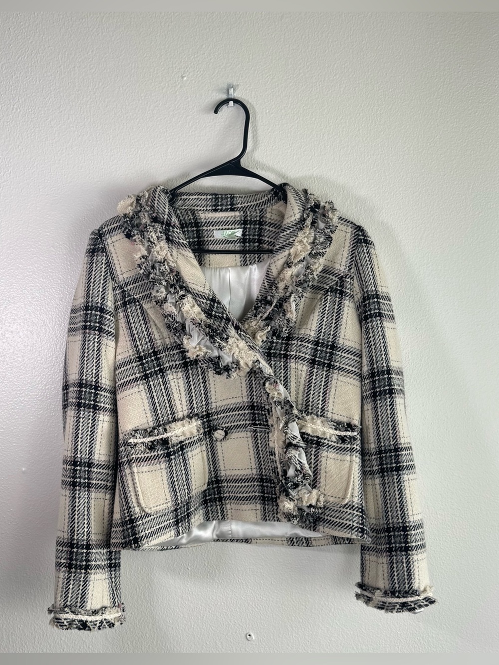 Jade by Melody Tam Plaid Tweed Fringe Jacket Size Small Cream Black